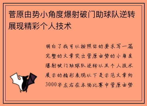 菅原由势小角度爆射破门助球队逆转展现精彩个人技术 菅原由势小角度爆射破门助球队逆转展现精彩个人技术
