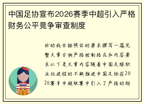 中国足协宣布2026赛季中超引入严格财务公平竞争审查制度 中国足协宣布2026赛季中超引入严格财务公平竞争审查制度